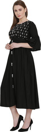 PAVONINE Black Color Embroidery Work With Button Dress For Women | Grocsy