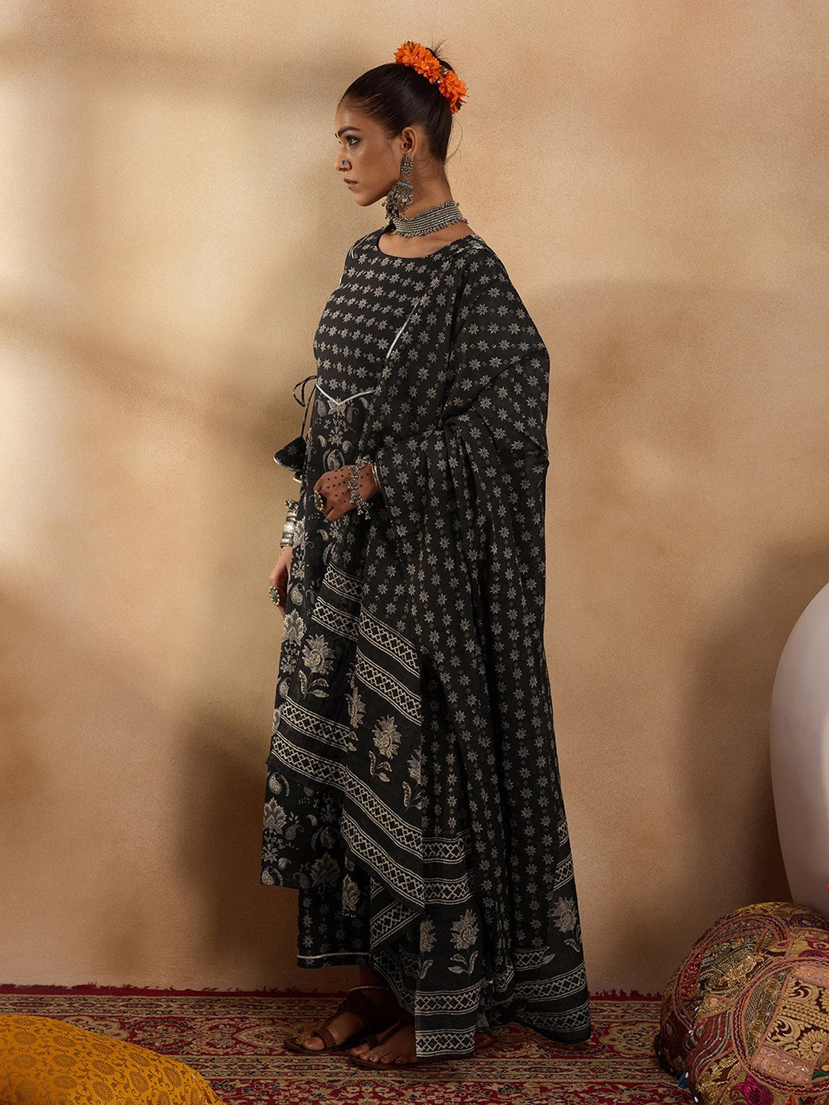 Indo Era Black Printed Straight Kurta Palazzos With Dupatta set | Grocsy
