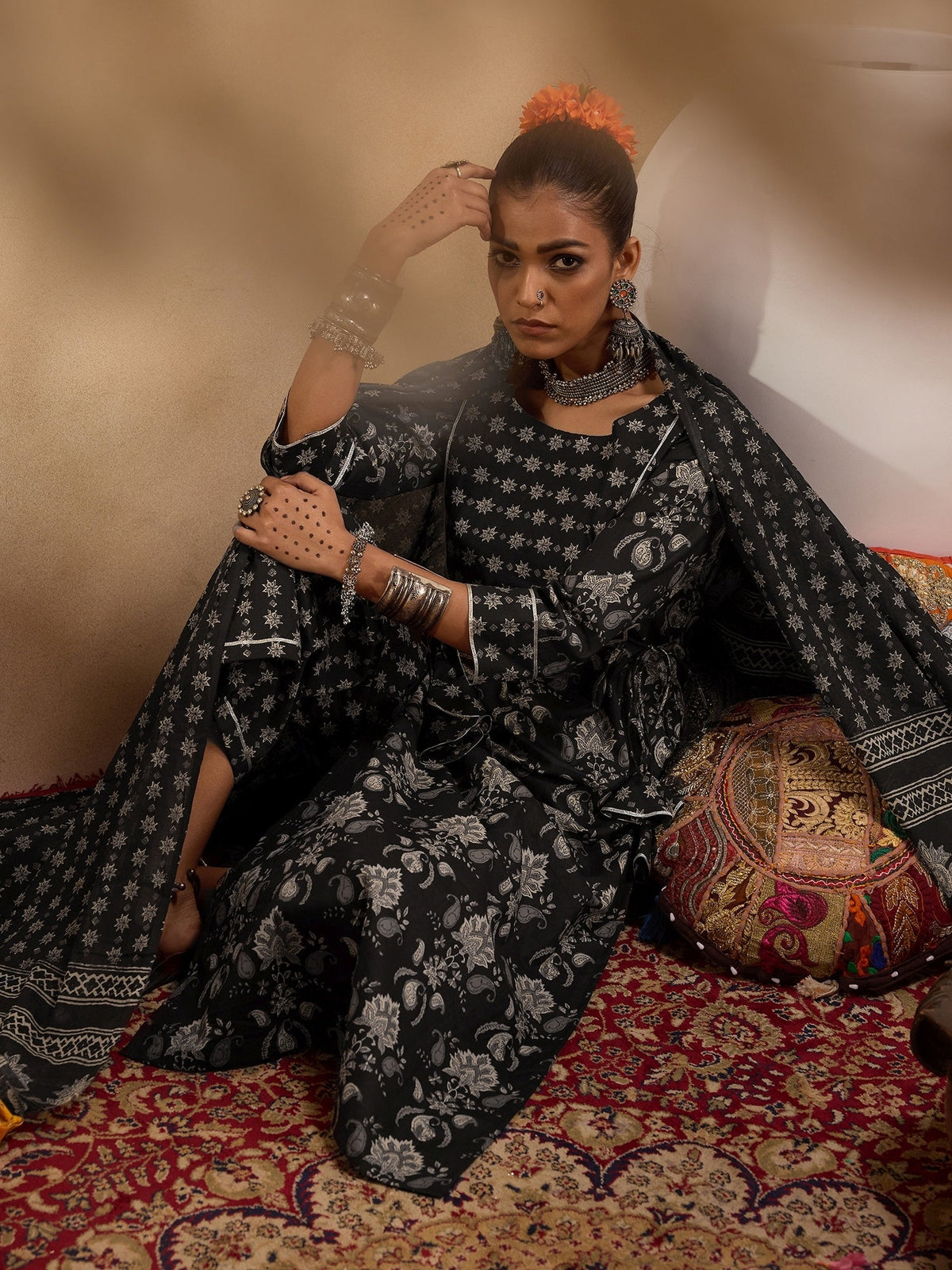 Indo Era Black Printed Straight Kurta Palazzos With Dupatta set | Grocsy