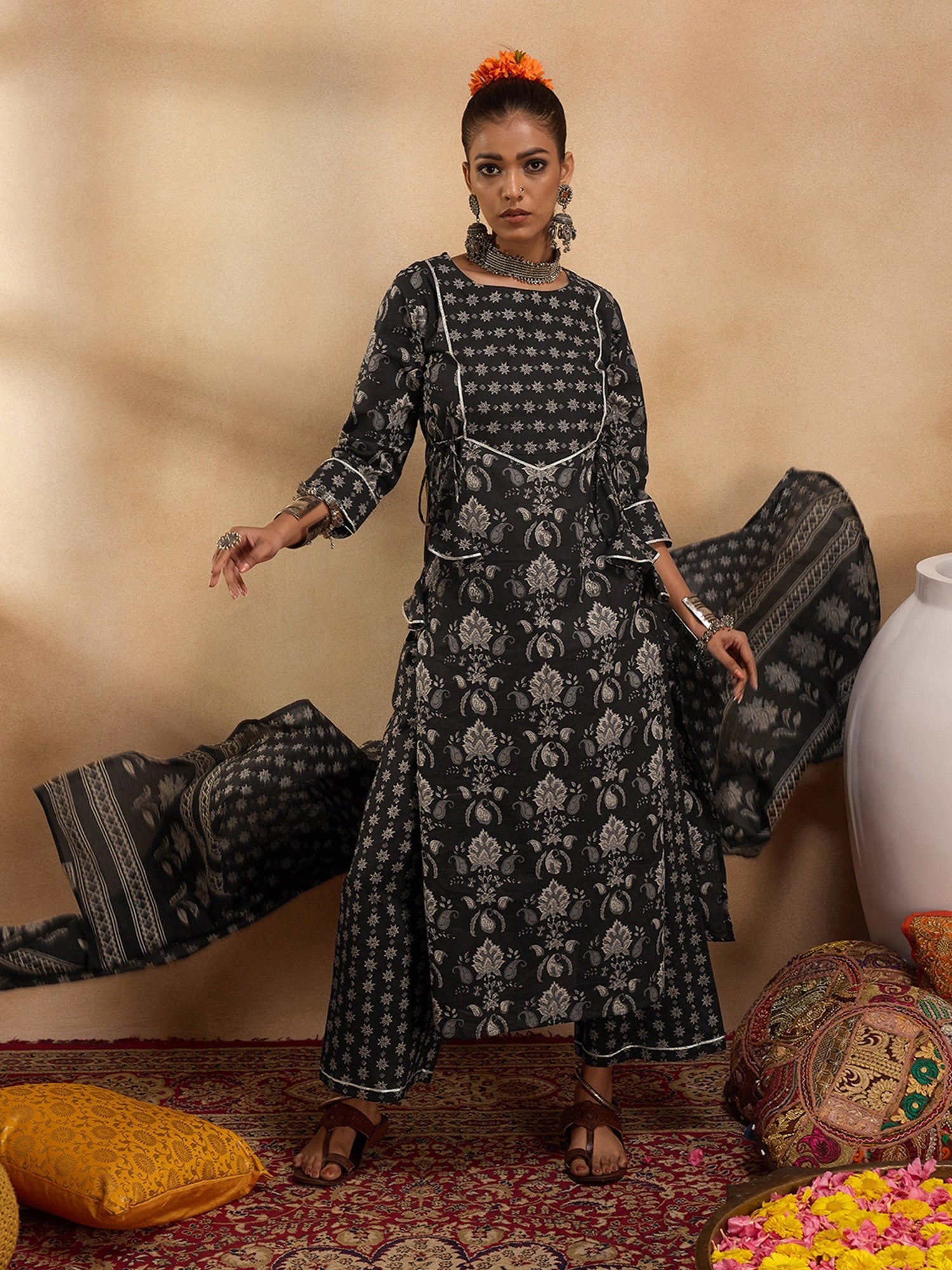 Indo Era Black Printed Straight Kurta Palazzos With Dupatta set | Grocsy