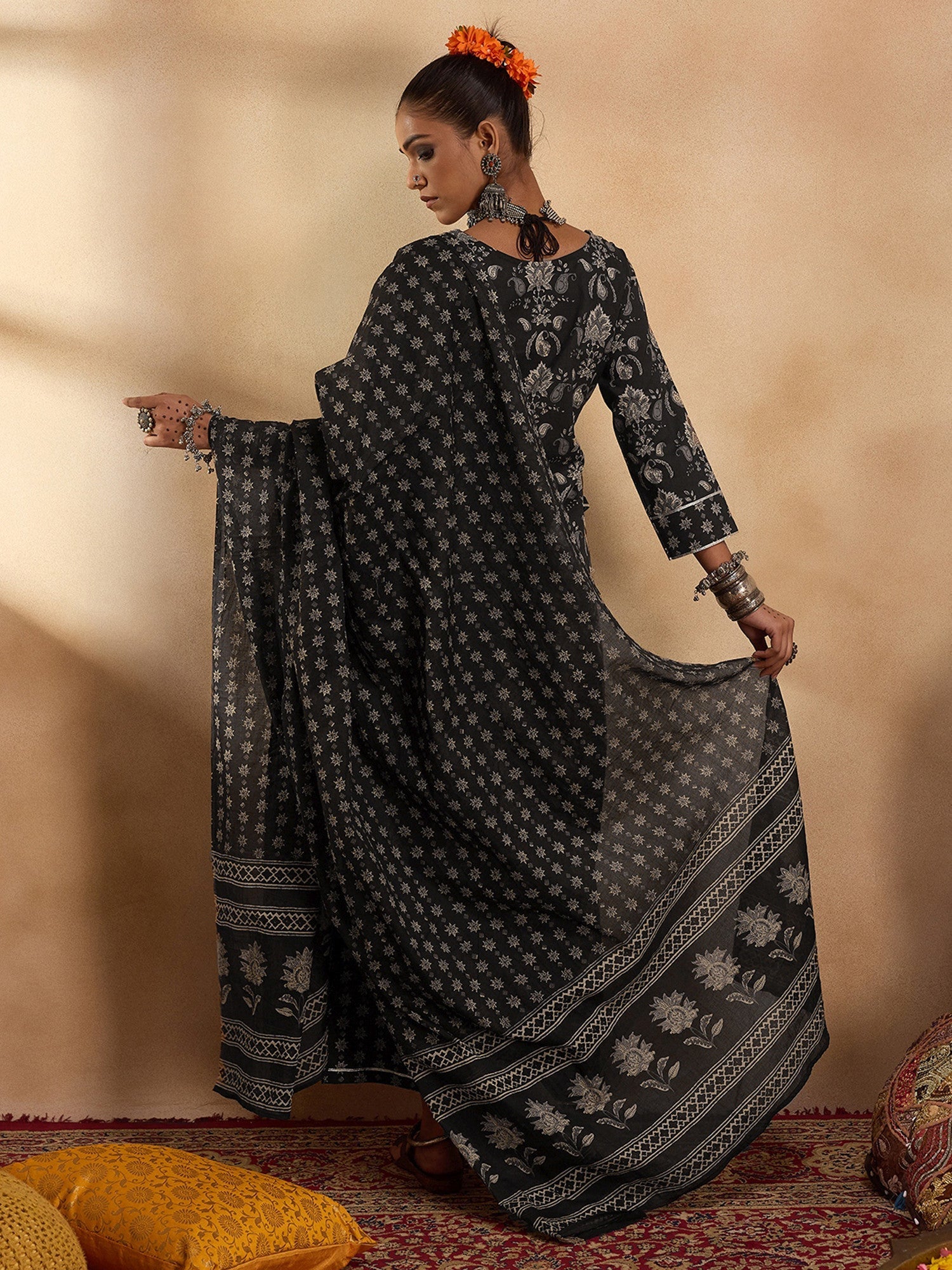 Indo Era Black Printed Straight Kurta Palazzos With Dupatta set | Grocsy