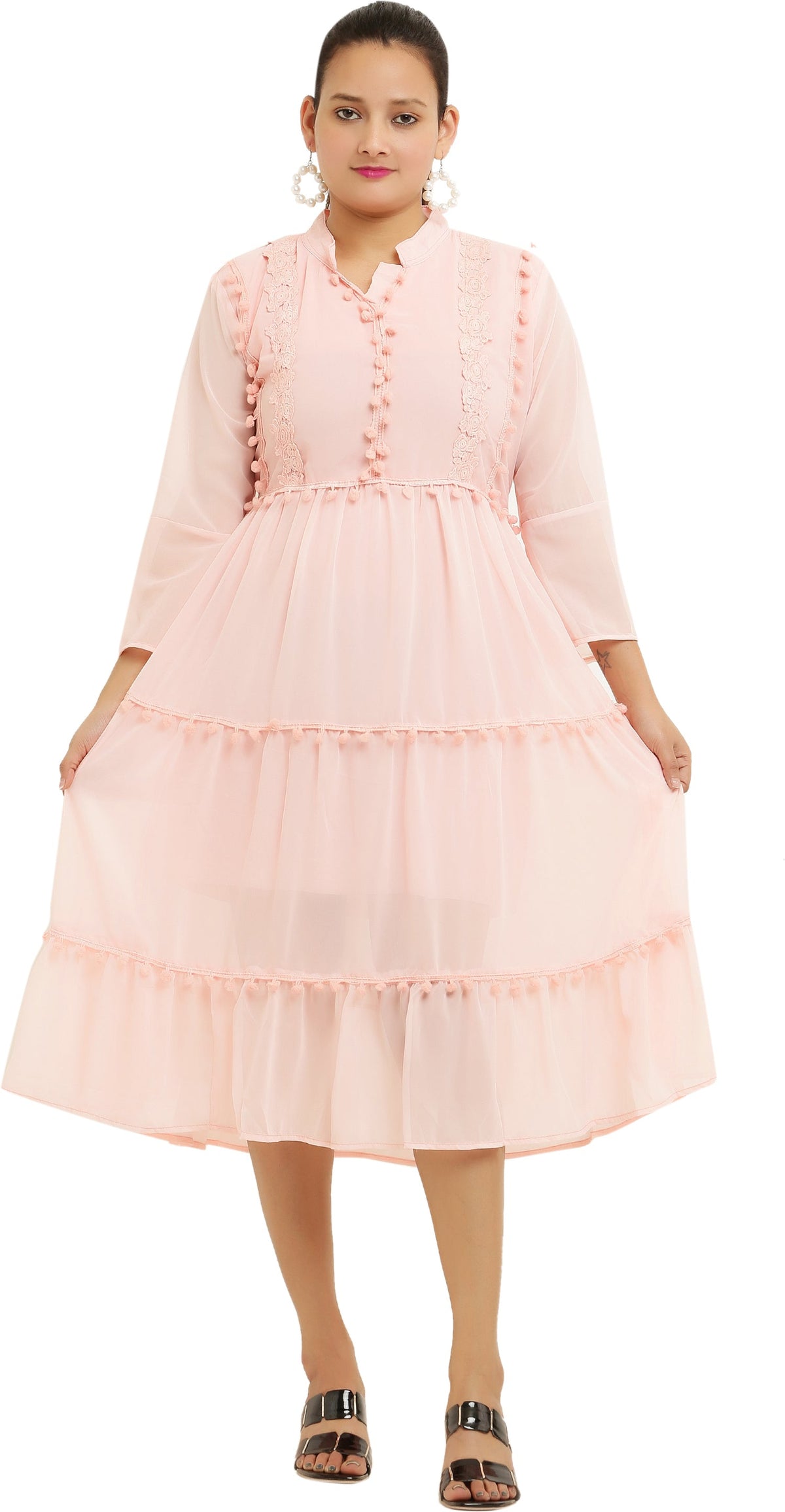 PAVONINE Pum Pum & Lace Inserted Pink Color Dress For Girls & Women | Grocsy