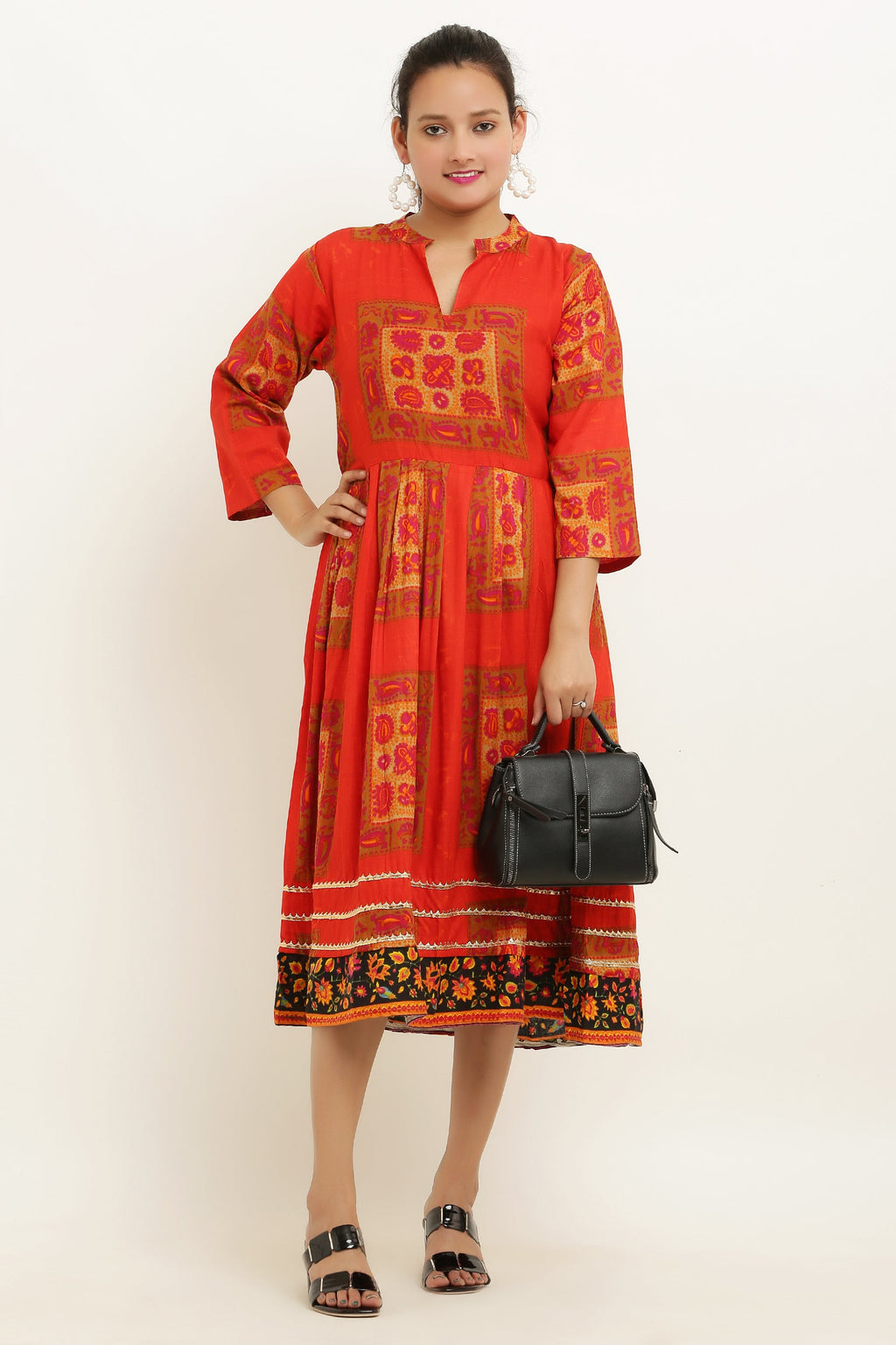 PAVONINE Jaipuri Block Print Red Color Dress For Girls & Women | Grocsy