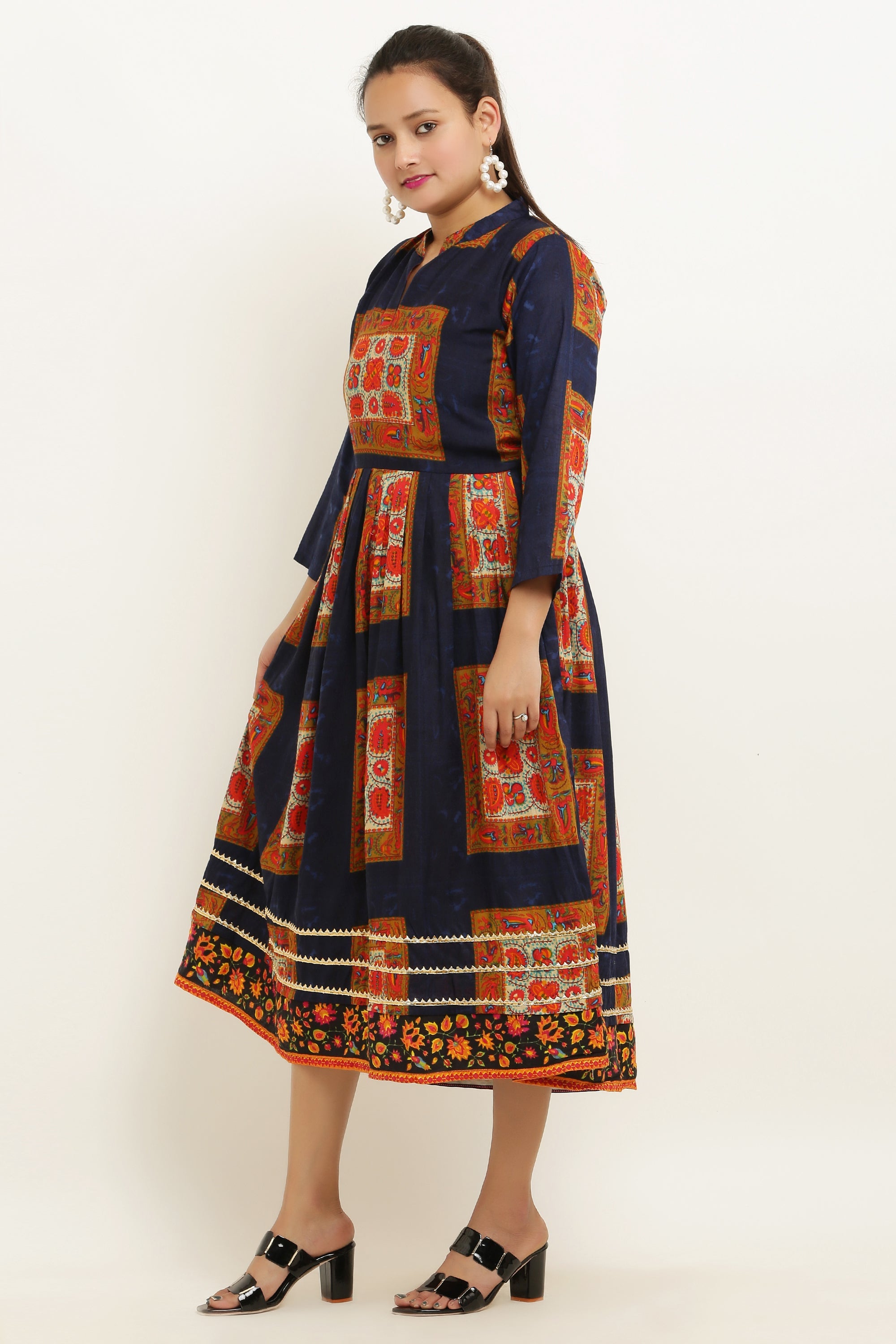 PAVONINE Jaipuri Block Print Navy Blue Color Dress For Girls & Women | Grocsy