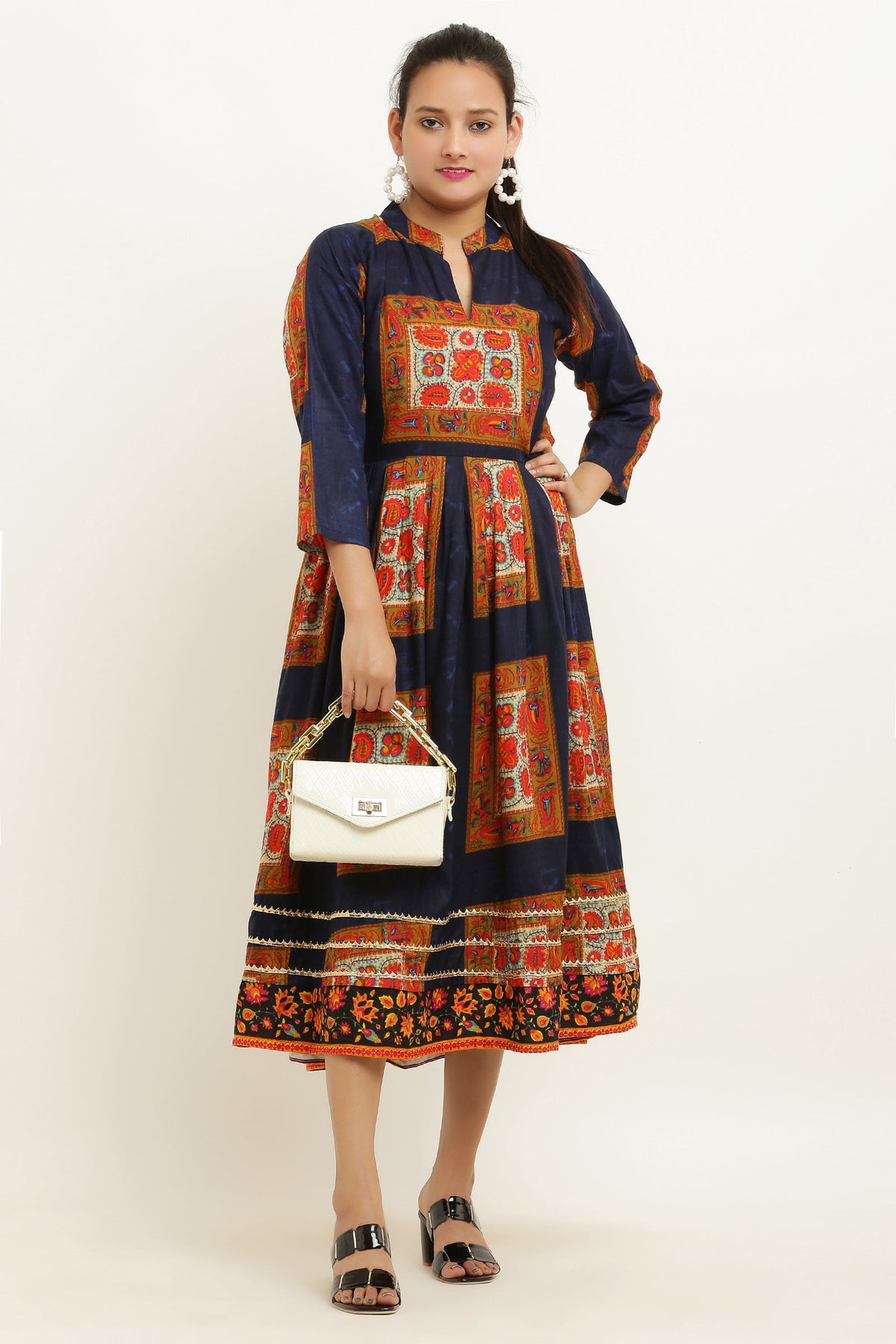 PAVONINE Jaipuri Block Print Navy Blue Color Dress For Girls & Women | Grocsy