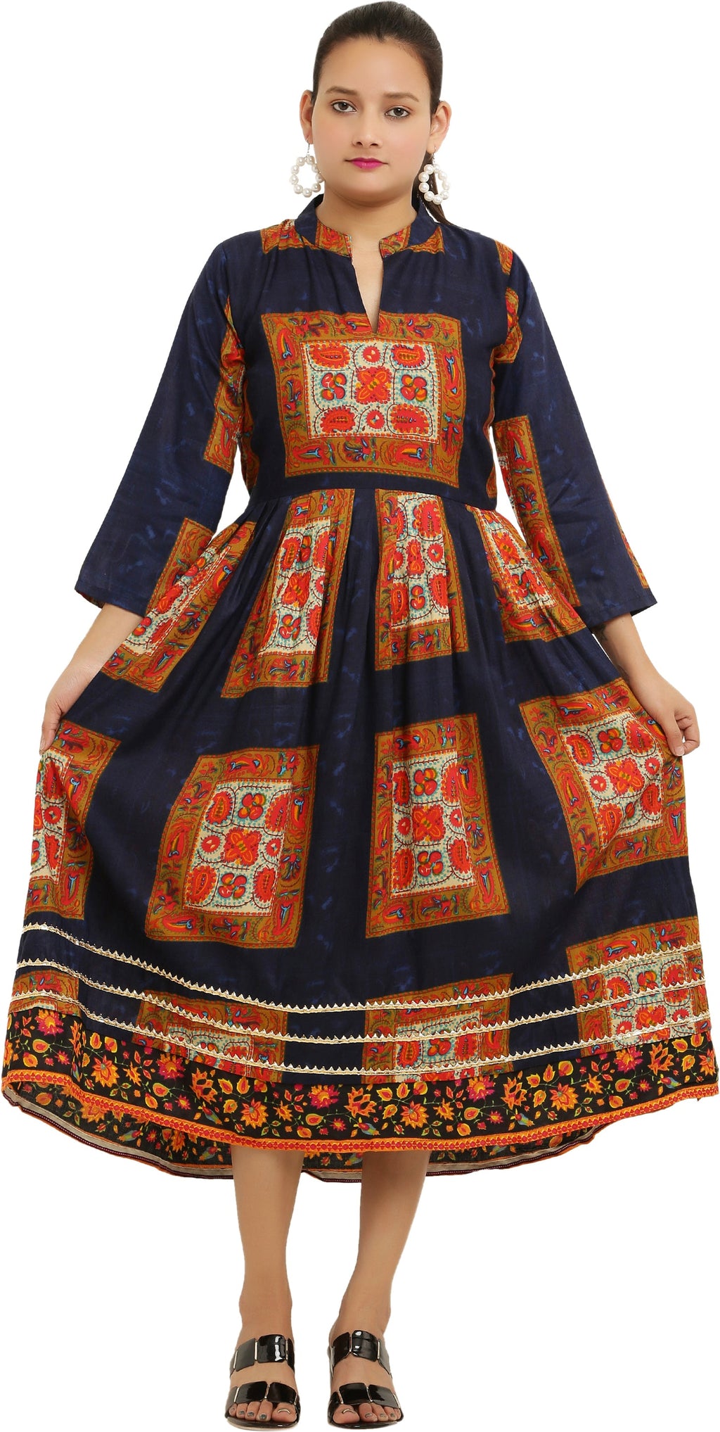 PAVONINE Jaipuri Block Print Navy Blue Color Dress For Girls & Women | Grocsy