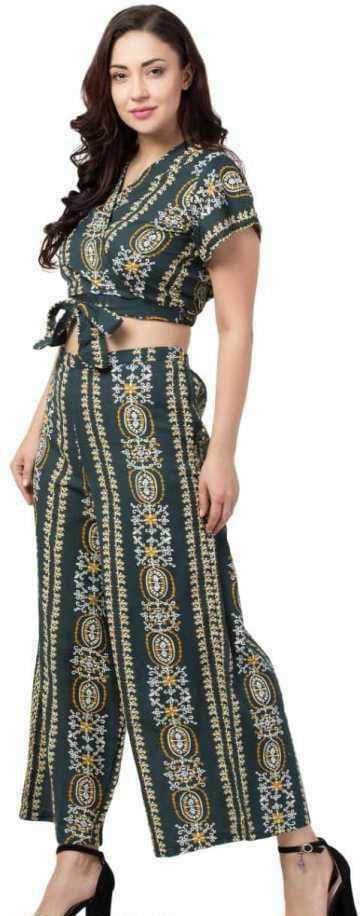 PAVONINE Bottle Green Color Printed Crop Top And Flared Palazzo Set For Girls & Women | Grocsy