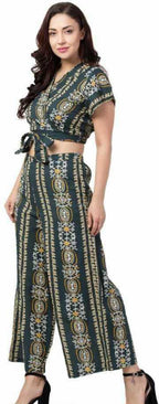 PAVONINE Bottle Green Color Printed Crop Top And Flared Palazzo Set For Girls & Women | Grocsy