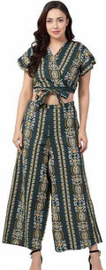 PAVONINE Bottle Green Color Printed Crop Top And Flared Palazzo Set For Girls & Women | Grocsy