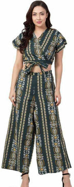 PAVONINE Bottle Green Color Printed Crop Top And Flared Palazzo Set For Girls & Women | Grocsy