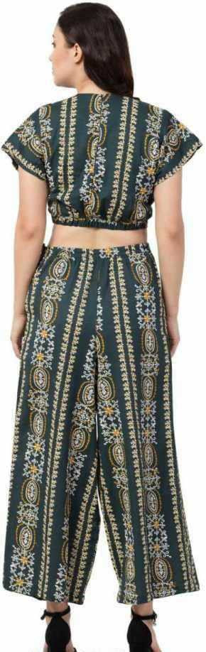 PAVONINE Bottle Green Color Printed Crop Top And Flared Palazzo Set For Girls & Women | Grocsy