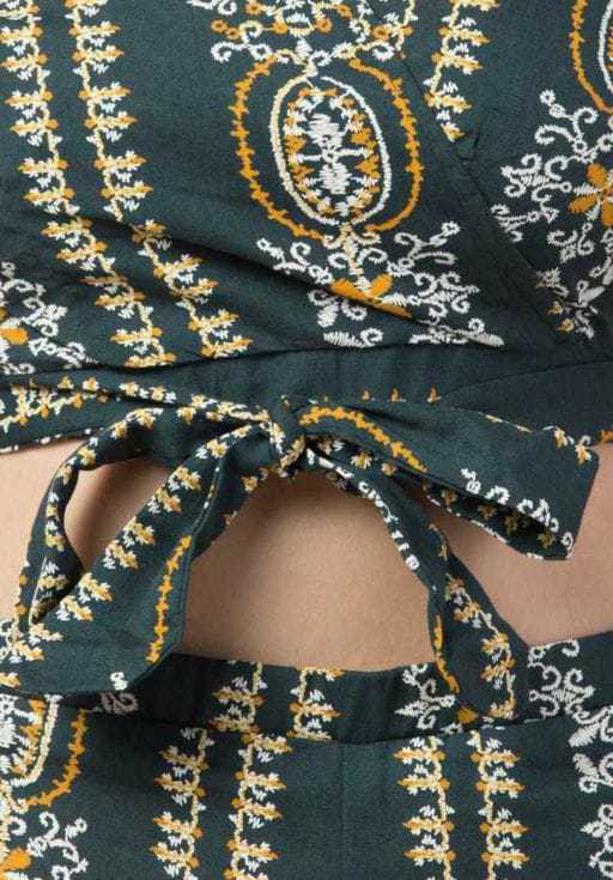PAVONINE Bottle Green Color Printed Crop Top And Flared Palazzo Set For Girls & Women | Grocsy