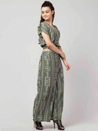 PAVONINE Pista Green Color Printed Crop Top And Flared Palazzo Set For Girls & Women | Grocsy