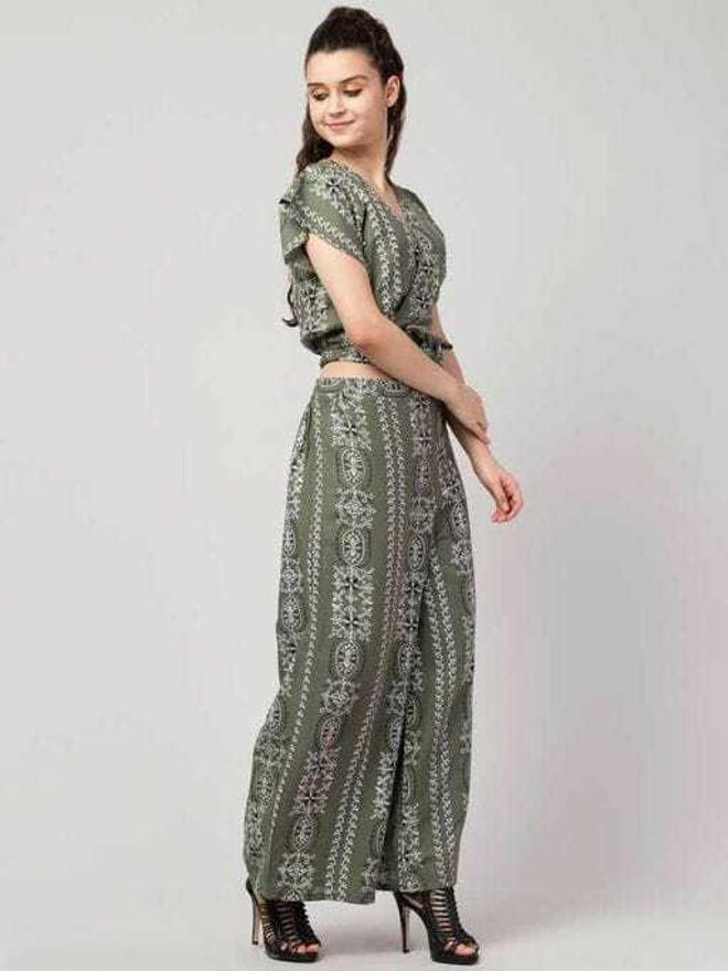 PAVONINE Pista Green Color Printed Crop Top And Flared Palazzo Set For Girls & Women | Grocsy