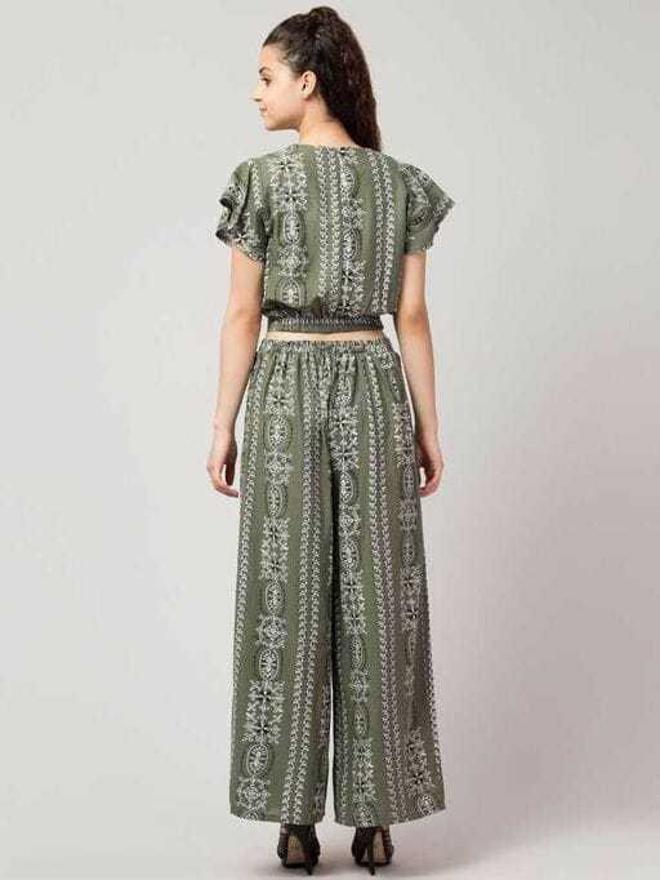 PAVONINE Pista Green Color Printed Crop Top And Flared Palazzo Set For Girls & Women | Grocsy