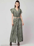 PAVONINE Pista Green Color Printed Crop Top And Flared Palazzo Set For Girls & Women | Grocsy