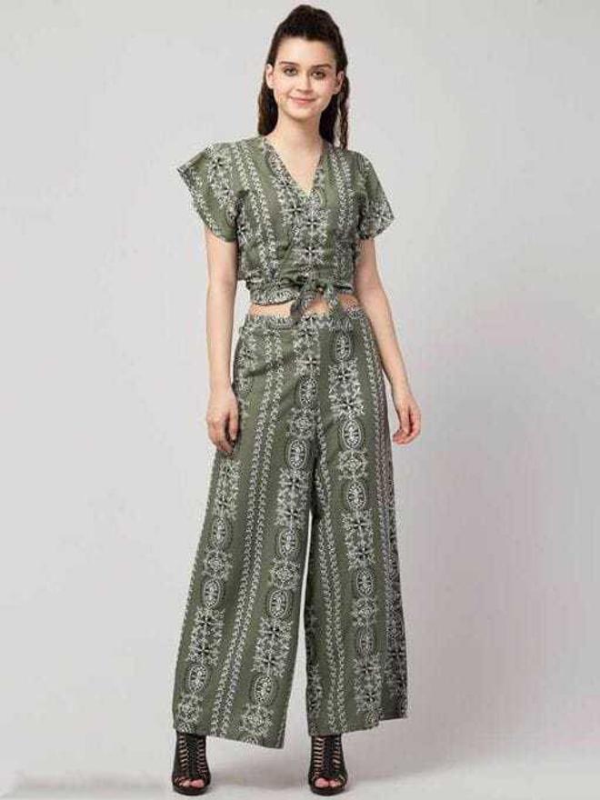 PAVONINE Pista Green Color Printed Crop Top And Flared Palazzo Set For Girls & Women | Grocsy
