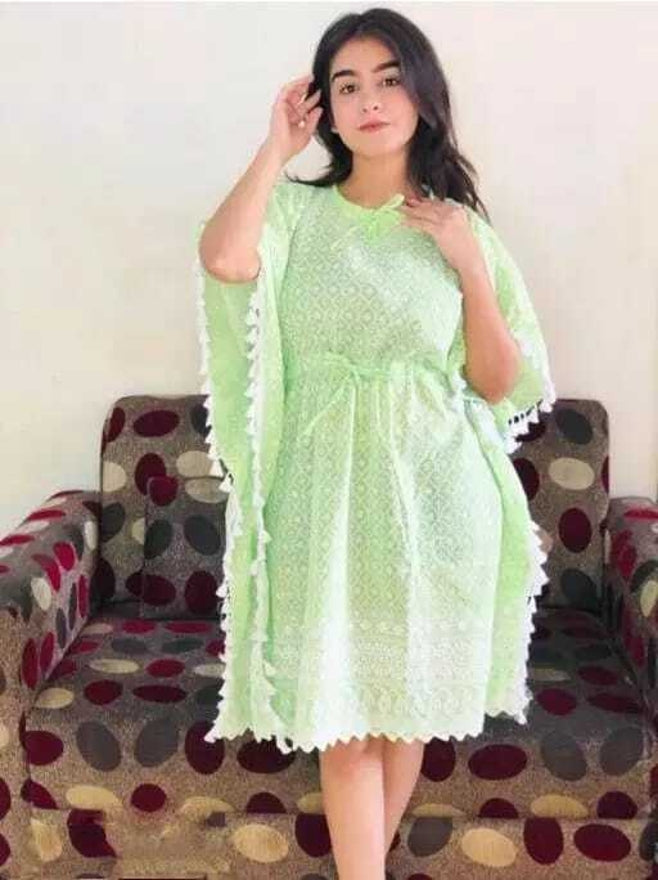 PAVONINE Pista Color Embroidery Kaftan Dress For Women | Grocsy