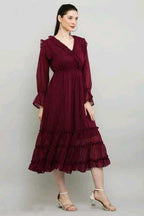 PAVONINE Buta-Design With V-Neck Wine Dress For Girls & Women | Grocsy