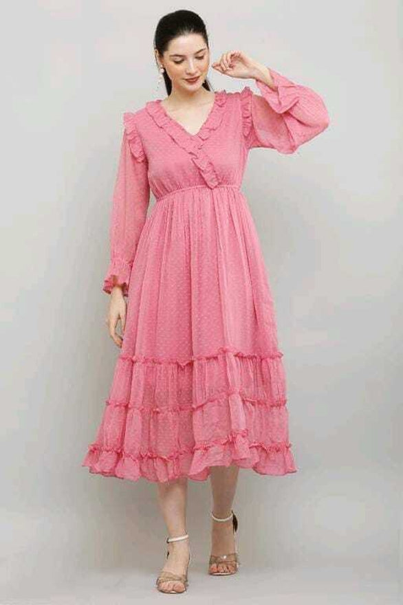 PAVONINE Buta-Design With V-Neck Pink Dress For Girls & Women | Grocsy