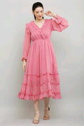 PAVONINE Buta-Design With V-Neck Pink Dress For Girls & Women | Grocsy