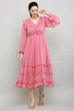 PAVONINE Buta-Design With V-Neck Pink Dress For Girls & Women | Grocsy
