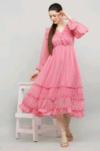PAVONINE Buta-Design With V-Neck Pink Dress For Girls & Women | Grocsy