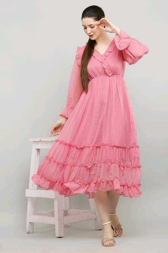 PAVONINE Buta-Design With V-Neck Pink Dress For Girls & Women | Grocsy