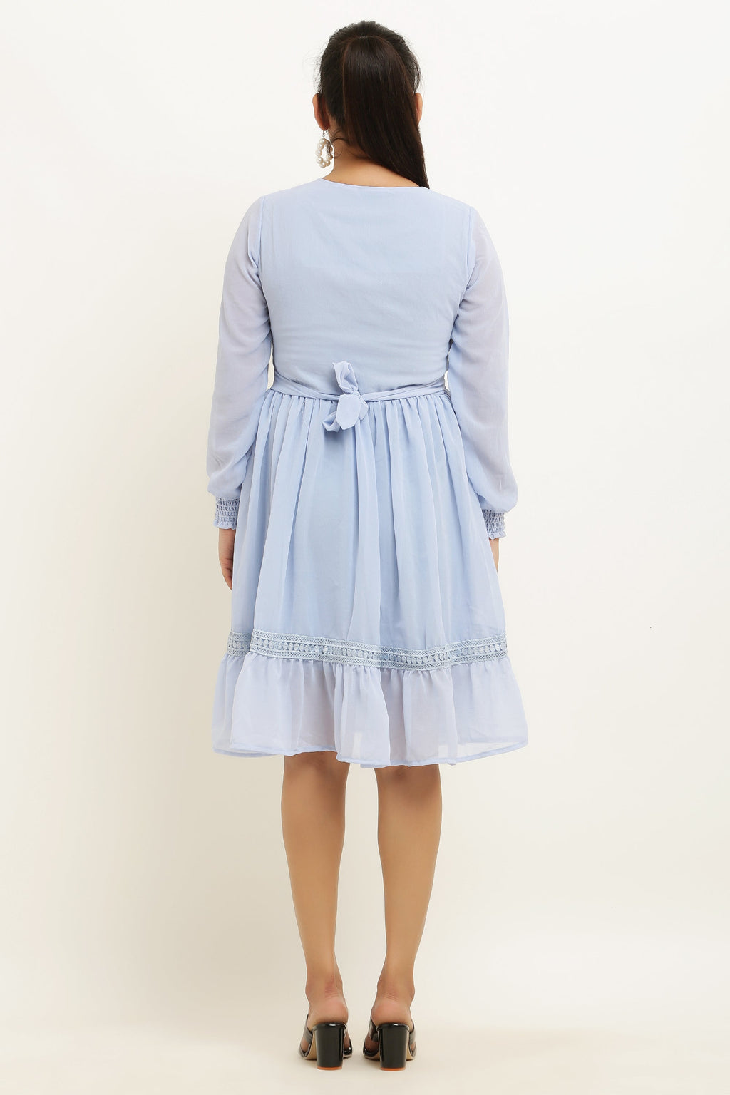 PAVONINE Sky Blue Color Georgette Fabric Lace Inserts Midi For Girls | Grocsy