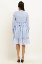 PAVONINE Sky Blue Color Georgette Fabric Lace Inserts Midi For Girls | Grocsy