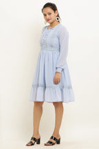PAVONINE Sky Blue Color Georgette Fabric Lace Inserts Midi For Girls | Grocsy