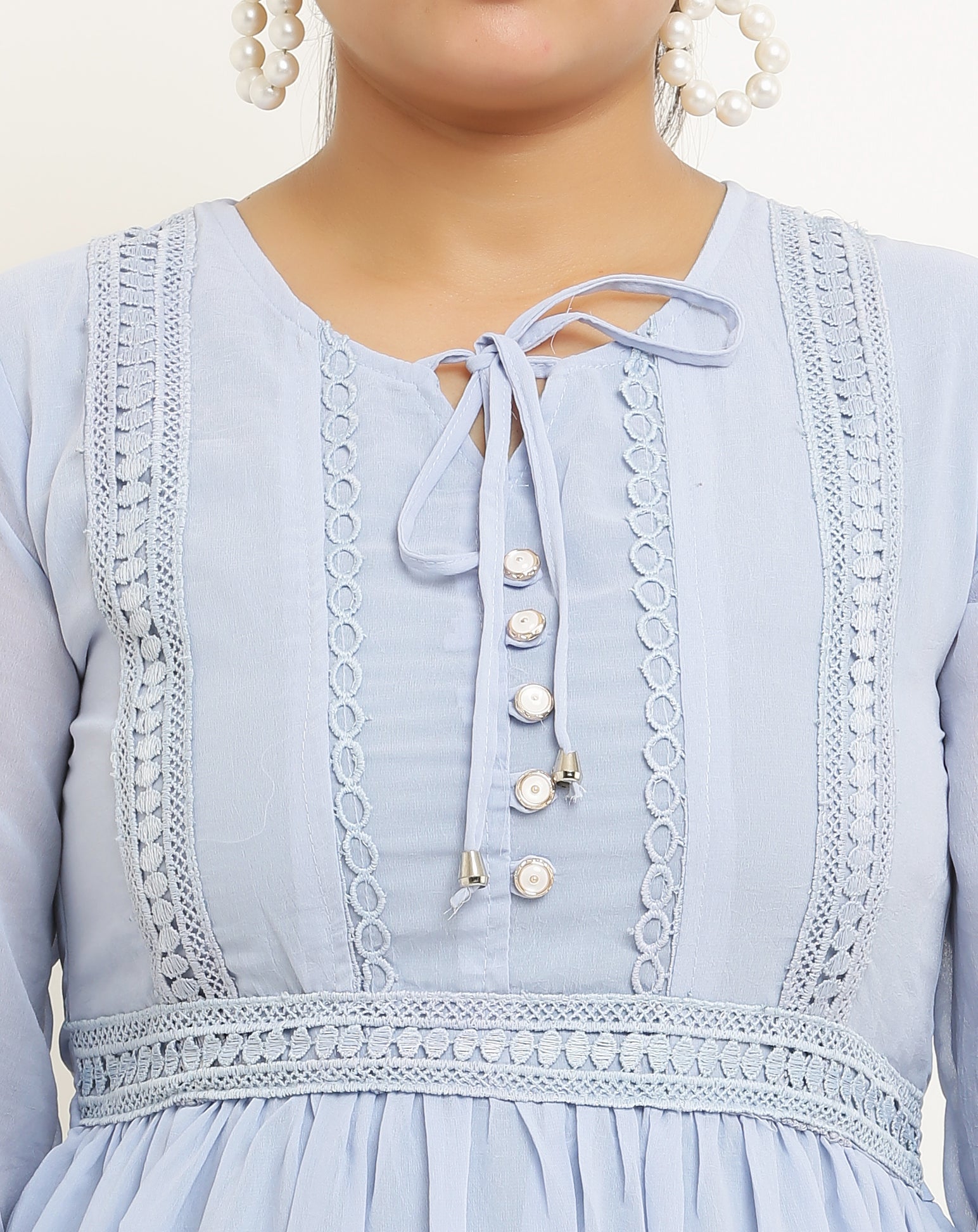 PAVONINE Sky Blue Color Georgette Fabric Lace Inserts Midi For Girls | Grocsy