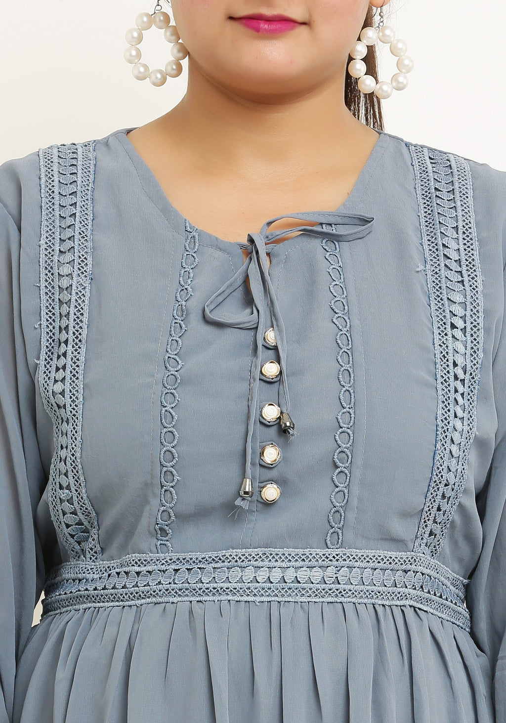 PAVONINE Grey Color Georgette Fabric Lace Inserts Midi For Girls | Grocsy