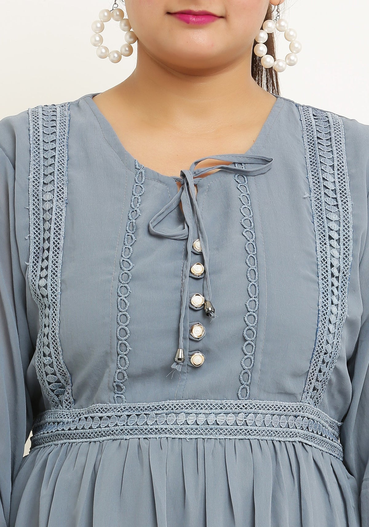 PAVONINE Grey Color Georgette Fabric Lace Inserts Midi For Girls | Grocsy
