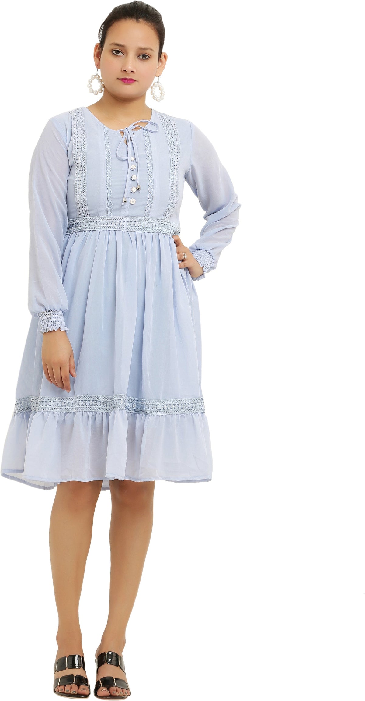 PAVONINE Sky Blue Color Georgette Fabric Lace Inserts Midi For Girls | Grocsy