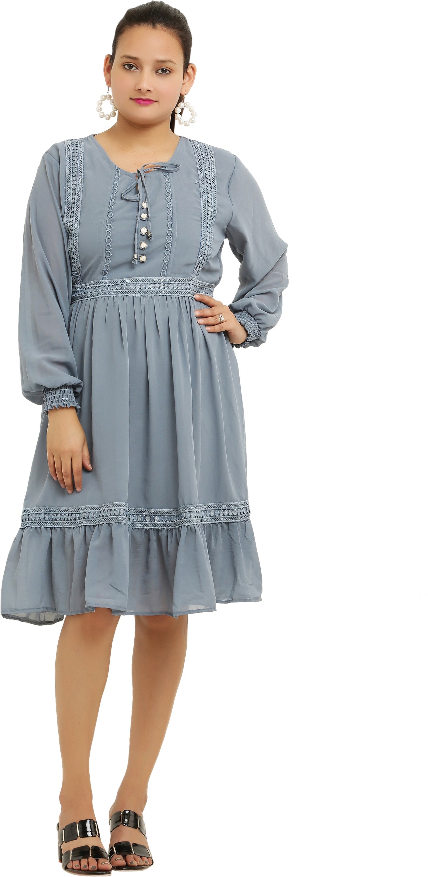 PAVONINE Grey Color Georgette Fabric Lace Inserts Midi For Girls | Grocsy