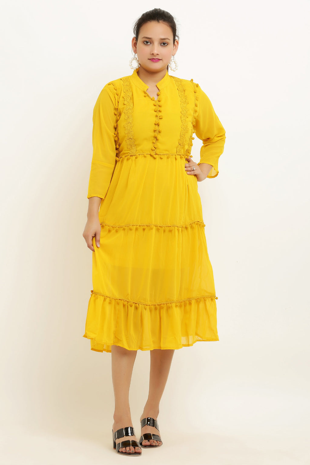 PAVONINE Pum Pum & Lace Inserted Mustard Color Dress For Girls & Women | Grocsy