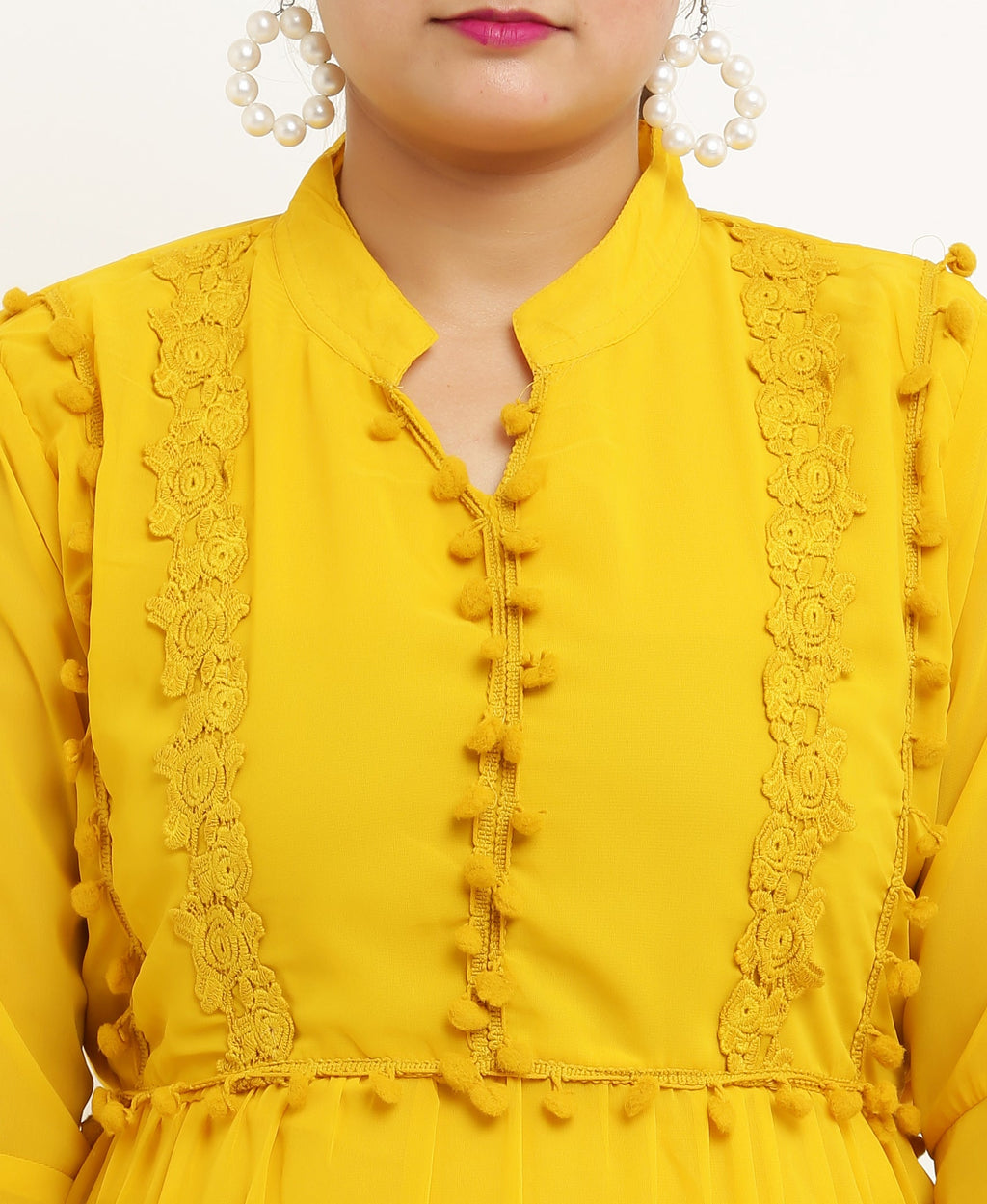 PAVONINE Pum Pum & Lace Inserted Mustard Color Dress For Girls & Women | Grocsy