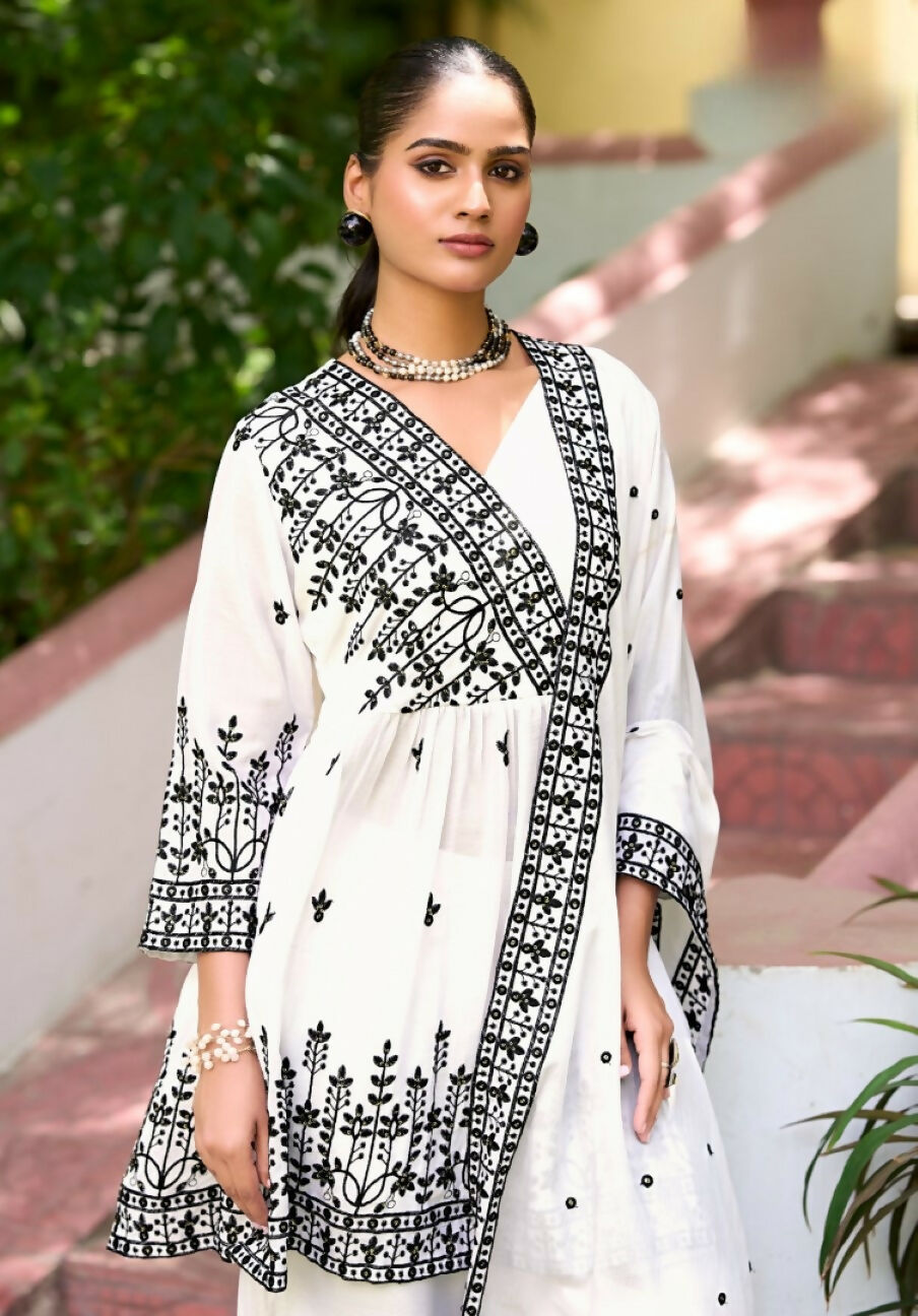 Anaita White Chinon Readymade Sharara Suit with Embroidery Work | Grocsy