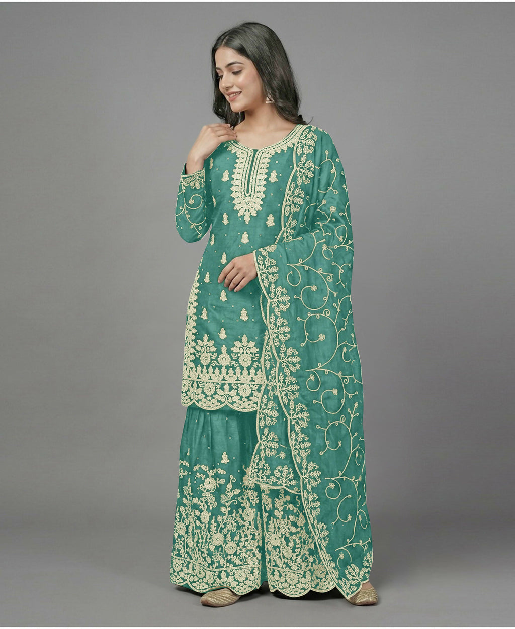 Teeya Creation Womens New Trendy Pure Gmy Silk With Heavy Embroidery Sequence Work Light-Green Kurta Set | Grocsy
