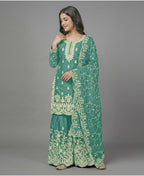 Teeya Creation Womens New Trendy Pure Gmy Silk With Heavy Embroidery Sequence Work Light-Green Kurta Set | Grocsy