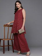 Ahalyaa Women Printed Tunic with Palazzos - Maroon Color | Grocsy