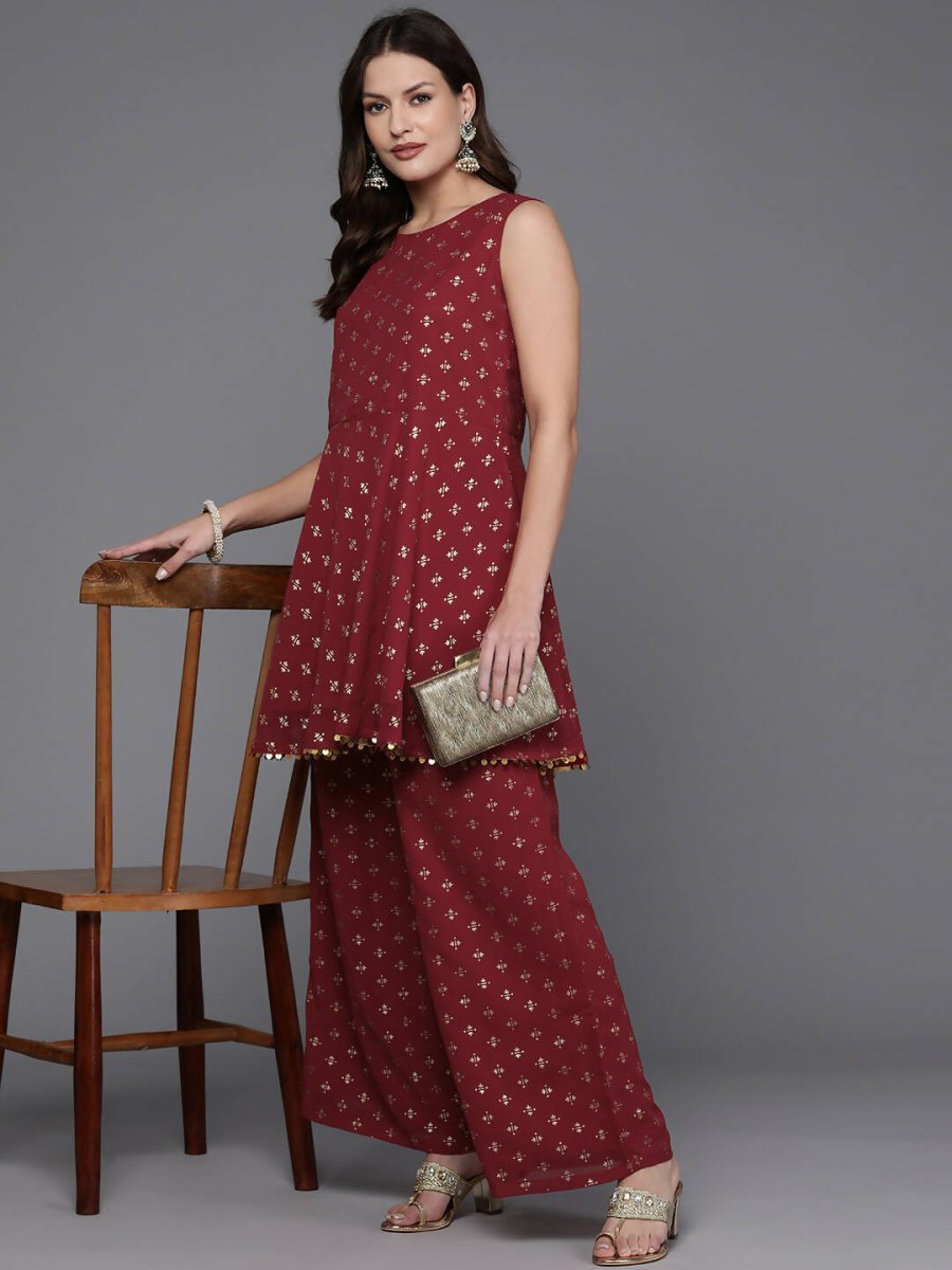 Ahalyaa Women Printed Tunic with Palazzos - Maroon Color | Grocsy