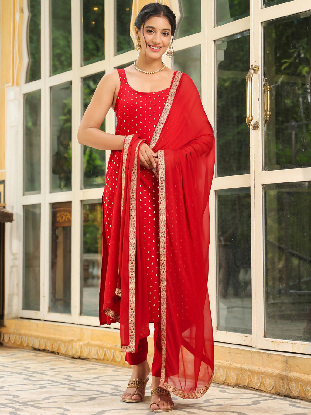 Janasya Maroon Rayon Foil Print Kurta,Bottom & Dupatta | Grocsy