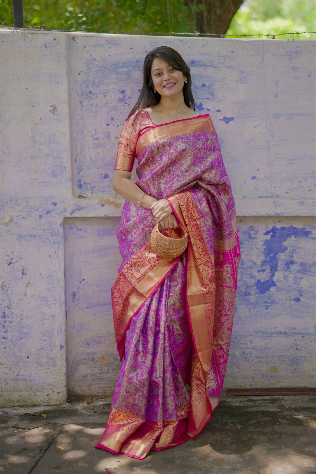 Prime Volt Royal Bridal Kanjivaram Silk Saree with Zari Weaving & Contrast Pink Pallu-Purple | Grocsy