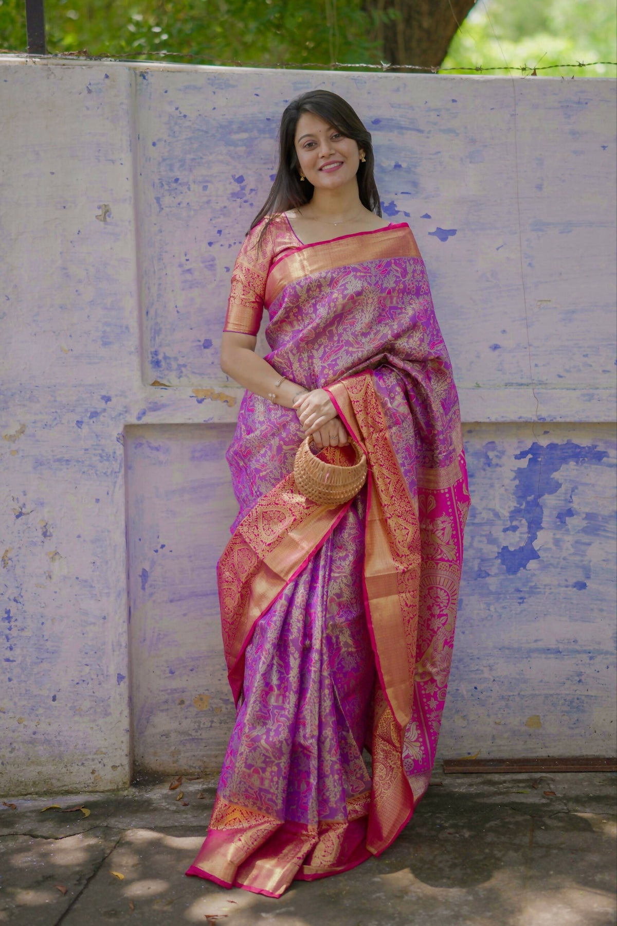 Prime Volt Royal Bridal Kanjivaram Silk Saree with Zari Weaving & Contrast Pink Pallu-Purple | Grocsy