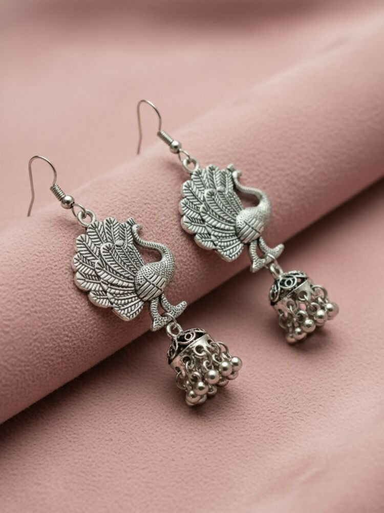 NVR Women Peacock Design German Silver Oxidised Jhumka Earrings | Grocsy