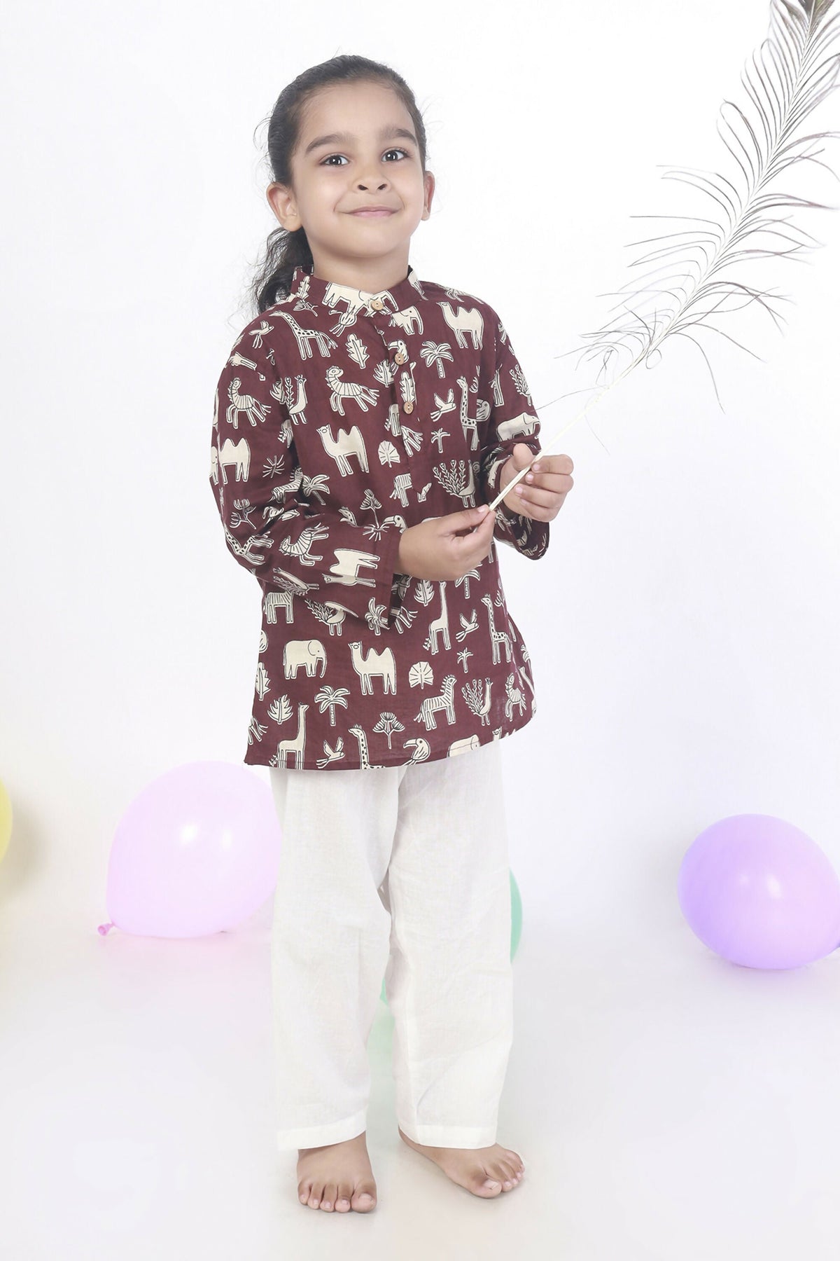 Breathables Kids Cotton Night Suit – Wine Animal Print Kurta & Pyjama Co-Ord Set For Boys & Girls | Grocsy