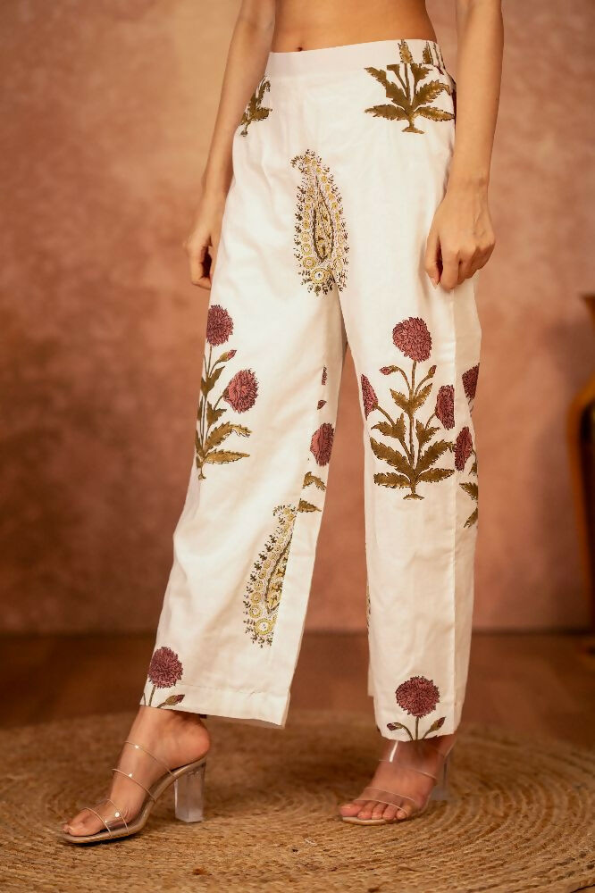 Joban Fashion Off White Red Floral Hand Block Printed Cotton Kurta Pant Set | Grocsy
