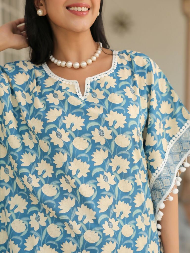 Aramya Kaftan Soft Cotton Floral Print Women's Kurta Set - Blue | Grocsy